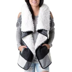Me Jane Buffalo Plaid Faux Shearling Fur Flyaway Vest Gray Cream Women's Size L
